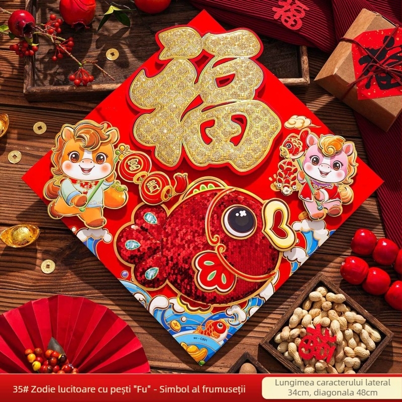 Autocolant de ușă – 3D din fetru, cu un personaj de desene animate, paiete, pentru Anul Nou