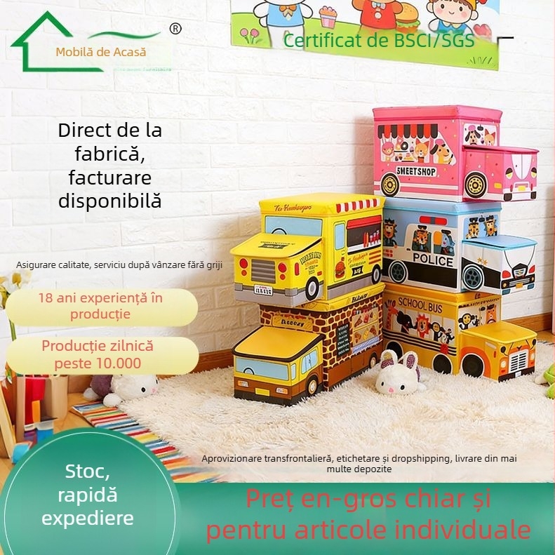 Taburet de depozitare pentru copii – Stil desen animat, Material: textil nețesut, Capacitate 50 L, Încărcare 120 kg, Formă dreptunghiulară