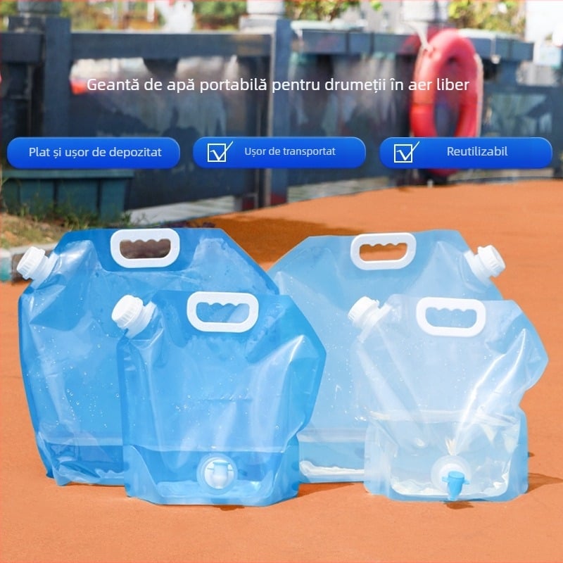 Sac de apă pliabil, portabil, pentru camping în aer liber, plastic PE, mare capacitate, cu robinet