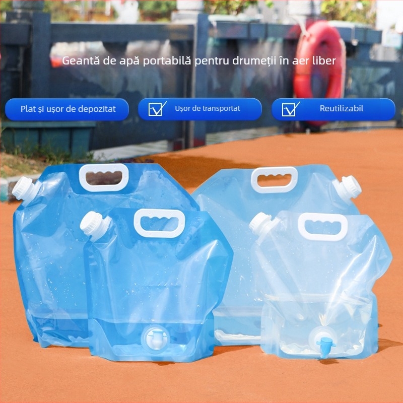 Sac de apă pliabil, portabil, pentru camping în aer liber, plastic PE, mare capacitate, cu robinet
