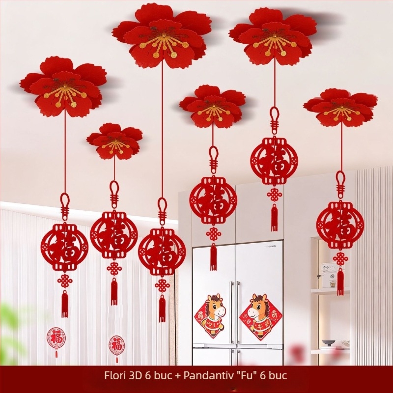 Ornament de tavan din fetru, gravură cu laser, în stil Chinezesc, pentru Festivalul Primăverii