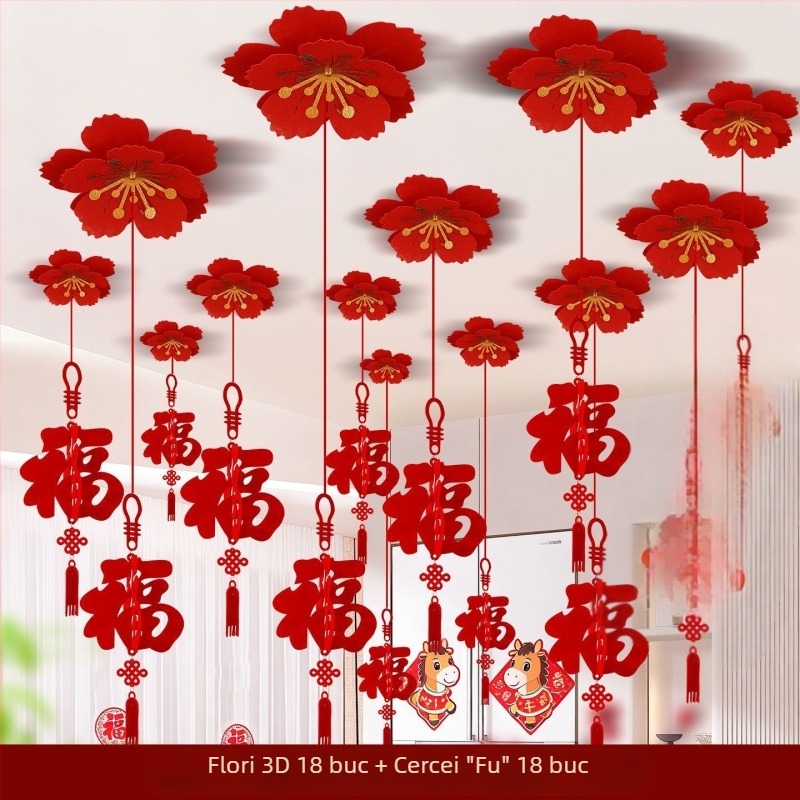 Ornament de tavan din fetru, gravură cu laser, în stil Chinezesc, pentru Festivalul Primăverii