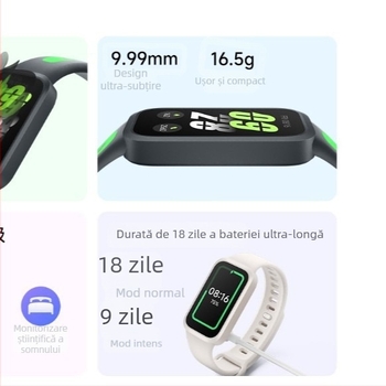 Brățară fitness inteligentă (afișaj AMOLED; monitorizare ritm cardiac; impermeabil zilnic; curea din silicon; autonomie baterie sub 7 zile)