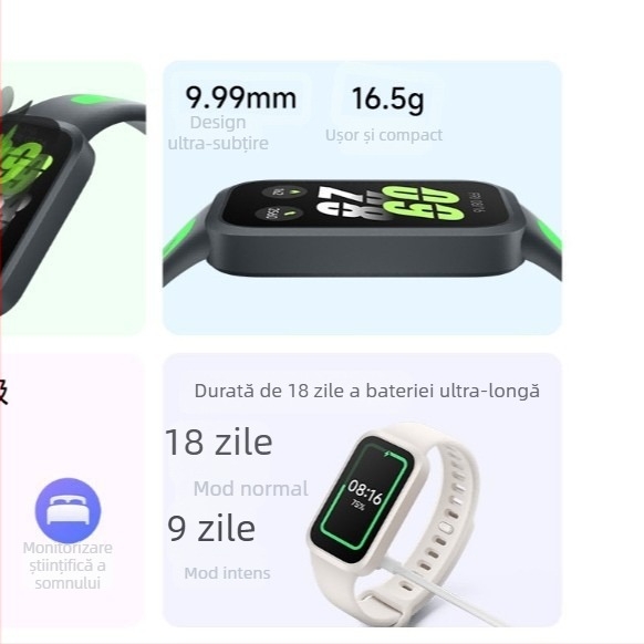 Brățară fitness inteligentă (afișaj AMOLED; monitorizare ritm cardiac; impermeabil zilnic; curea din silicon; autonomie baterie sub 7 zile)
