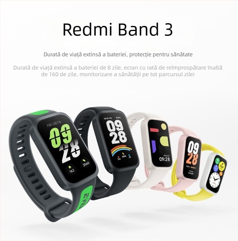 Brățară fitness inteligentă (afișaj AMOLED; monitorizare ritm cardiac; impermeabil zilnic; curea din silicon; autonomie baterie sub 7 zile)