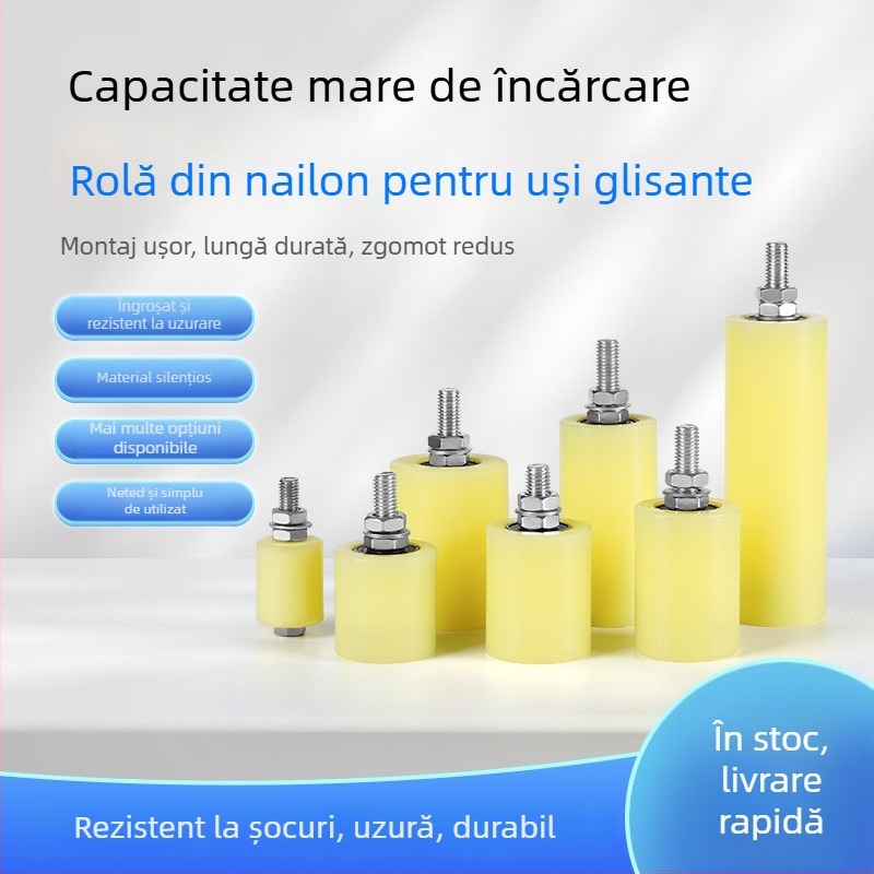 Roată ghidaj din nylon pentru uși glisante și benzi transportoare — diametru exterior 1, diametru ax 1, rază a canelurii pentru frânghie 1, grosimea pereților 1