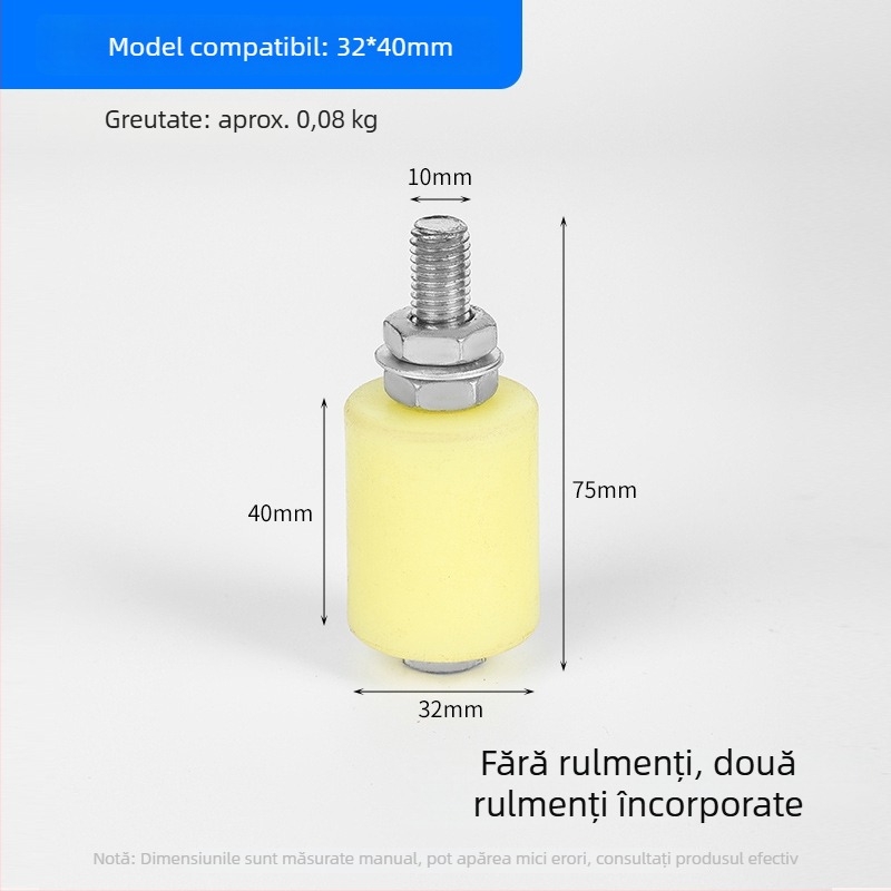 Roată ghidaj din nylon pentru uși glisante și benzi transportoare — diametru exterior 1, diametru ax 1, rază a canelurii pentru frânghie 1, grosimea pereților 1