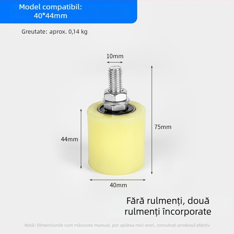 Roată ghidaj din nylon pentru uși glisante și benzi transportoare — diametru exterior 1, diametru ax 1, rază a canelurii pentru frânghie 1, grosimea pereților 1