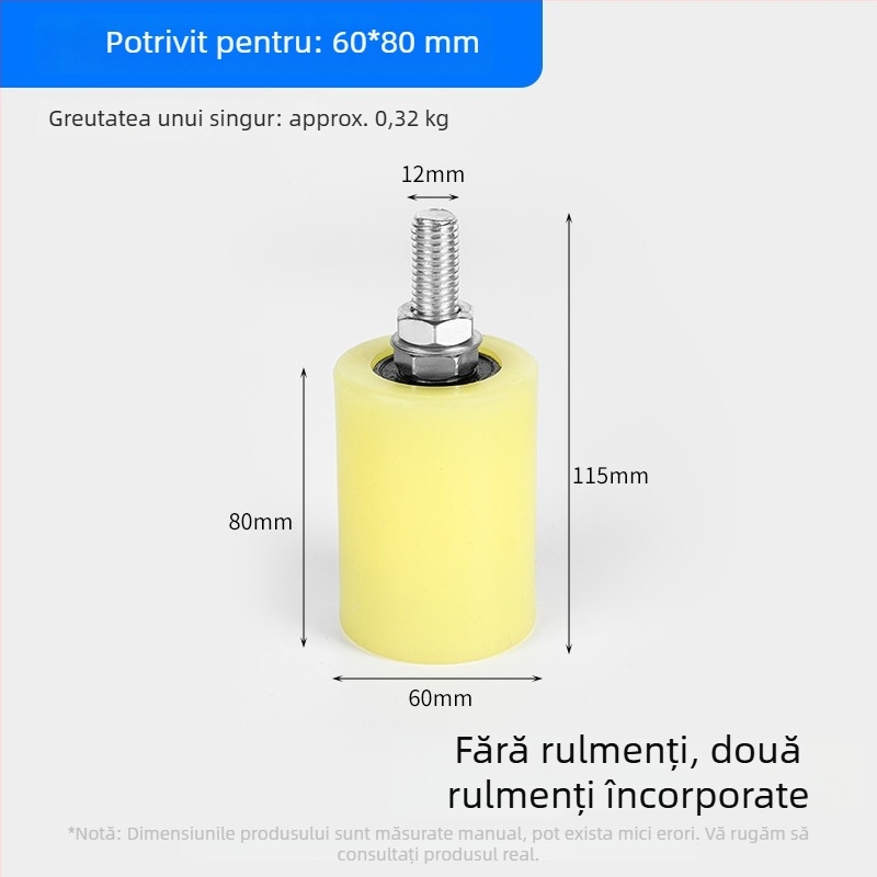 Roată ghidaj din nylon pentru uși glisante și benzi transportoare — diametru exterior 1, diametru ax 1, rază a canelurii pentru frânghie 1, grosimea pereților 1