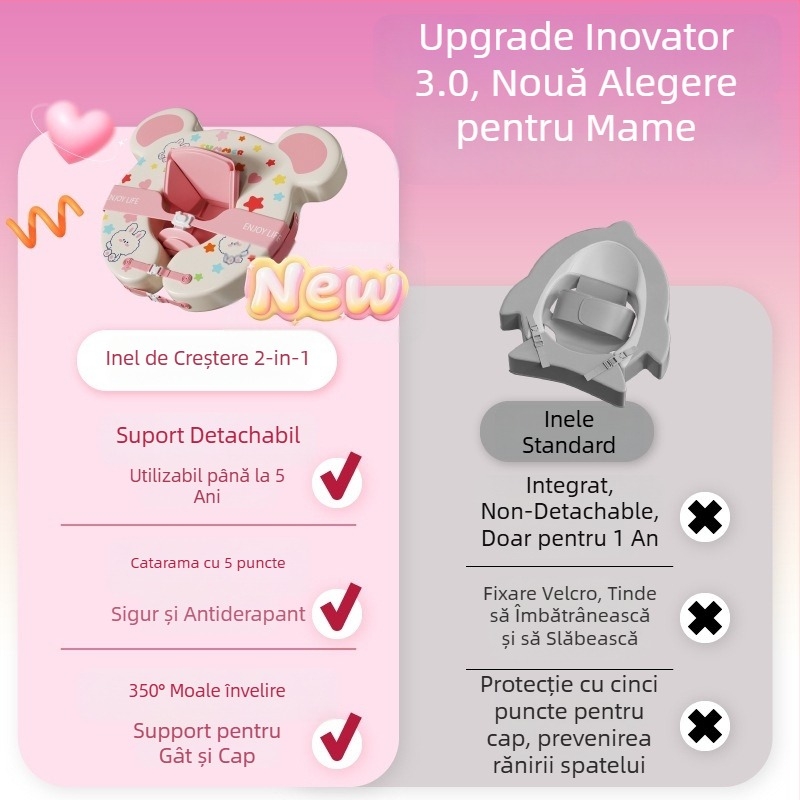 Inel de baie gonflabil reglabil pentru copii, cu design ursuleț desen animat, din PVC ecologic, potrivit pentru piscine și parcuri acvatice