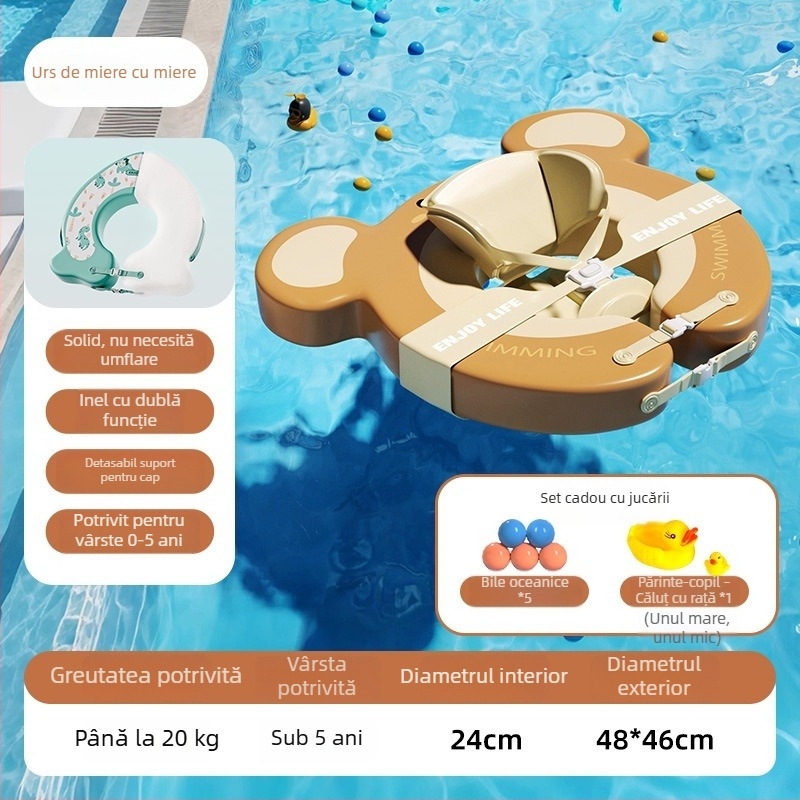 Inel de baie gonflabil reglabil pentru copii, cu design ursuleț desen animat, din PVC ecologic, potrivit pentru piscine și parcuri acvatice