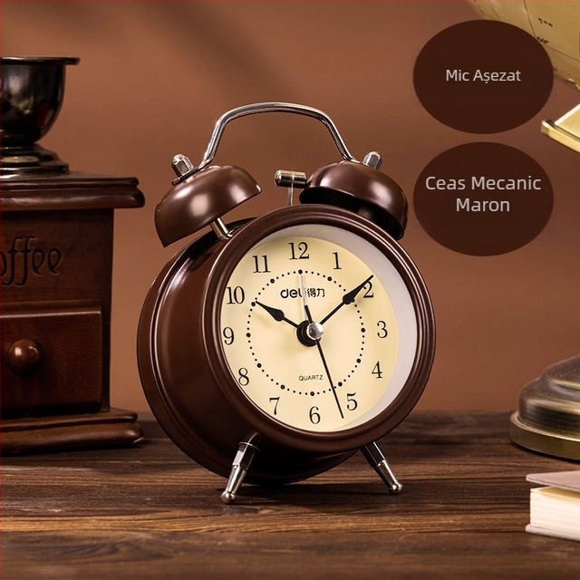 Ceas deșteptător Deli 9024: mâini luminoase, funcționare silențioasă; afișaj analog cu cifre, mișcare mecanică, alimentare cu baterie