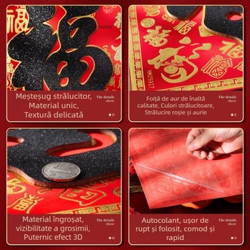 Etichetă de ușă de intrare din flanel cu foiță de aur, autocolant autoadeziv în stil chinezesc pentru living, Festivalul de primăvară