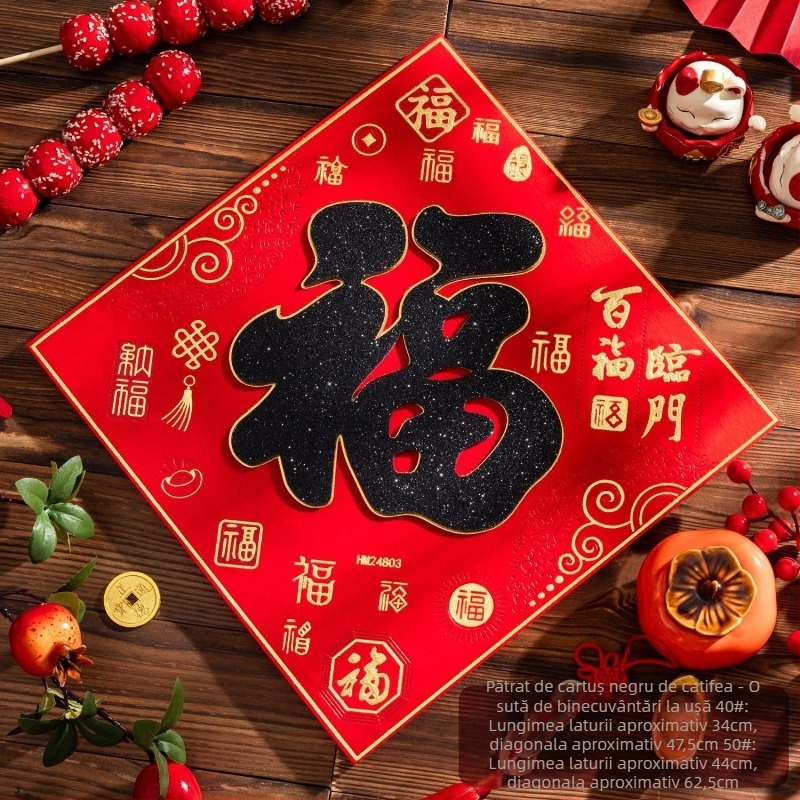 Etichetă de ușă de intrare din flanel cu foiță de aur, autocolant autoadeziv în stil chinezesc pentru living, Festivalul de primăvară