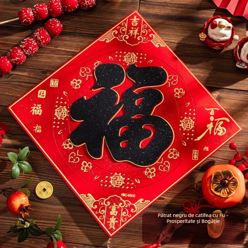 Etichetă de ușă de intrare din flanel cu foiță de aur, autocolant autoadeziv în stil chinezesc pentru living, Festivalul de primăvară