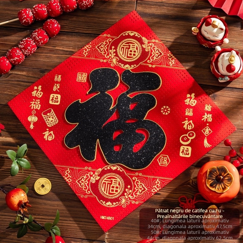 Etichetă de ușă de intrare din flanel cu foiță de aur, autocolant autoadeziv în stil chinezesc pentru living, Festivalul de primăvară