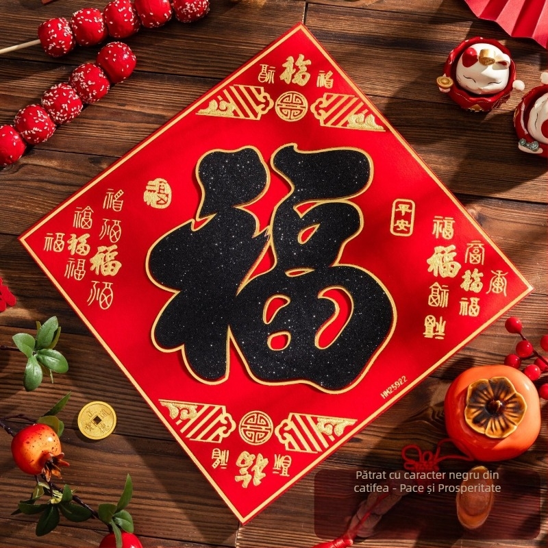 Etichetă de ușă de intrare din flanel cu foiță de aur, autocolant autoadeziv în stil chinezesc pentru living, Festivalul de primăvară