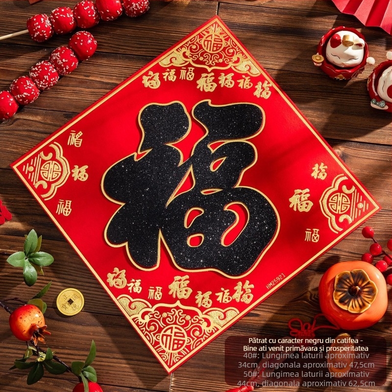 Etichetă de ușă de intrare din flanel cu foiță de aur, autocolant autoadeziv în stil chinezesc pentru living, Festivalul de primăvară