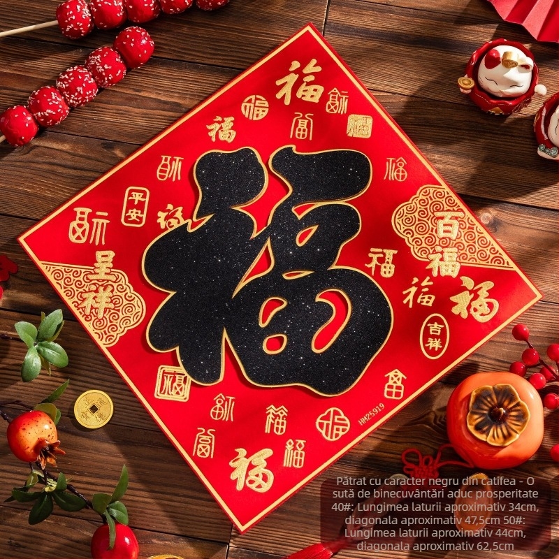 Etichetă de ușă de intrare din flanel cu foiță de aur, autocolant autoadeziv în stil chinezesc pentru living, Festivalul de primăvară