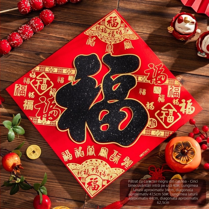 Etichetă de ușă de intrare din flanel cu foiță de aur, autocolant autoadeziv în stil chinezesc pentru living, Festivalul de primăvară