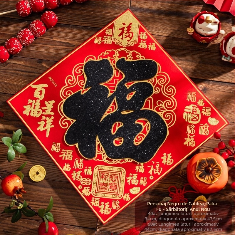 Etichetă de ușă de intrare din flanel cu foiță de aur, autocolant autoadeziv în stil chinezesc pentru living, Festivalul de primăvară