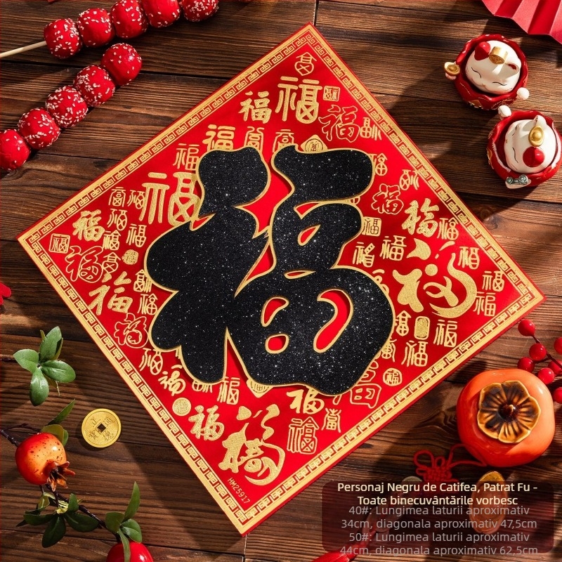 Etichetă de ușă de intrare din flanel cu foiță de aur, autocolant autoadeziv în stil chinezesc pentru living, Festivalul de primăvară