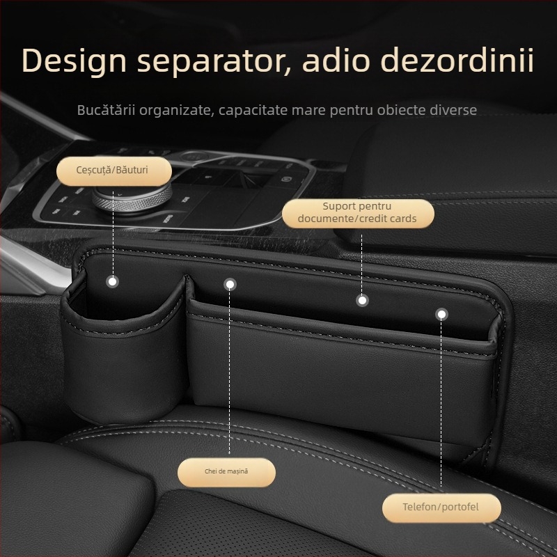 Cutie de depozitare pentru spațiul dintre scaunele auto — piele, impermeabilă, cu role, izolație și mâner
