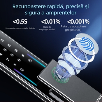 Sistem de încuietor inteligent cu amprentă și recunoaștere facială 3D, model C10, capacitate de stocare a amprentelor 100, deblocări >200k, timp de scanare 0.01s