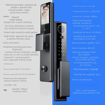 Sistem de încuietor inteligent cu amprentă și recunoaștere facială 3D, model C10, capacitate de stocare a amprentelor 100, deblocări >200k, timp de scanare 0.01s