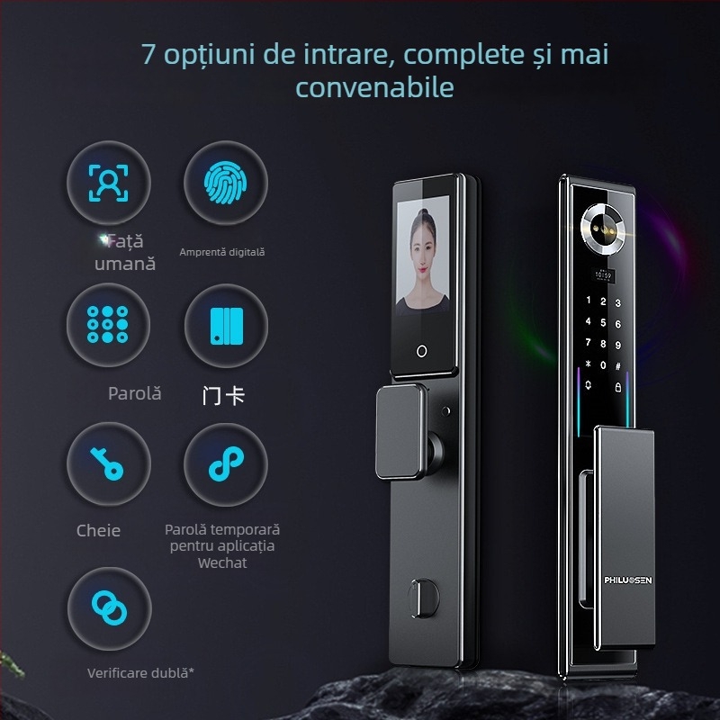 Sistem de încuietor inteligent cu amprentă și recunoaștere facială 3D, model C10, capacitate de stocare a amprentelor 100, deblocări >200k, timp de scanare 0.01s