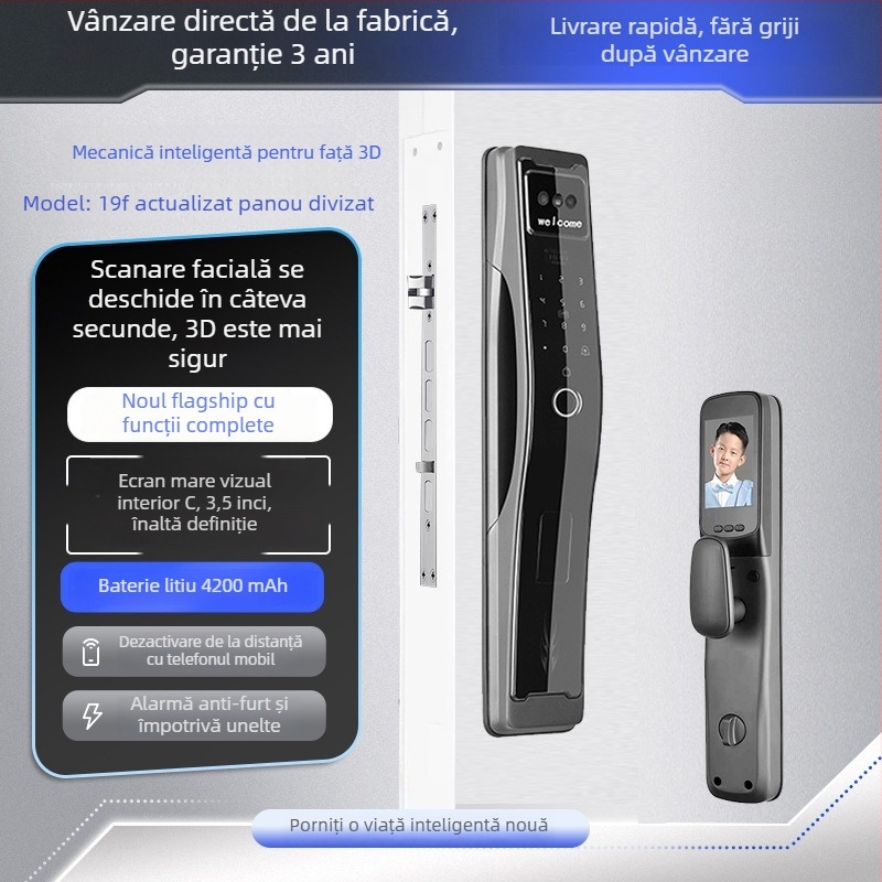 Sistem de încuietor inteligent cu amprentă și recunoaștere facială 3D, model C10, capacitate de stocare a amprentelor 100, deblocări >200k, timp de scanare 0.01s