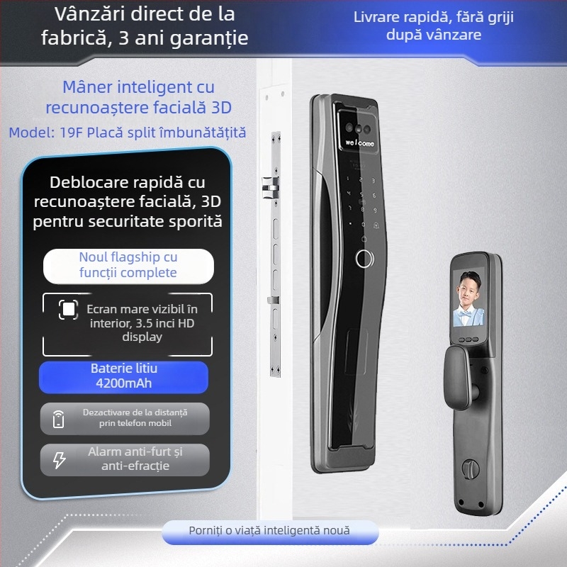 Sistem de încuietor inteligent cu amprentă și recunoaștere facială 3D, model C10, capacitate de stocare a amprentelor 100, deblocări >200k, timp de scanare 0.01s