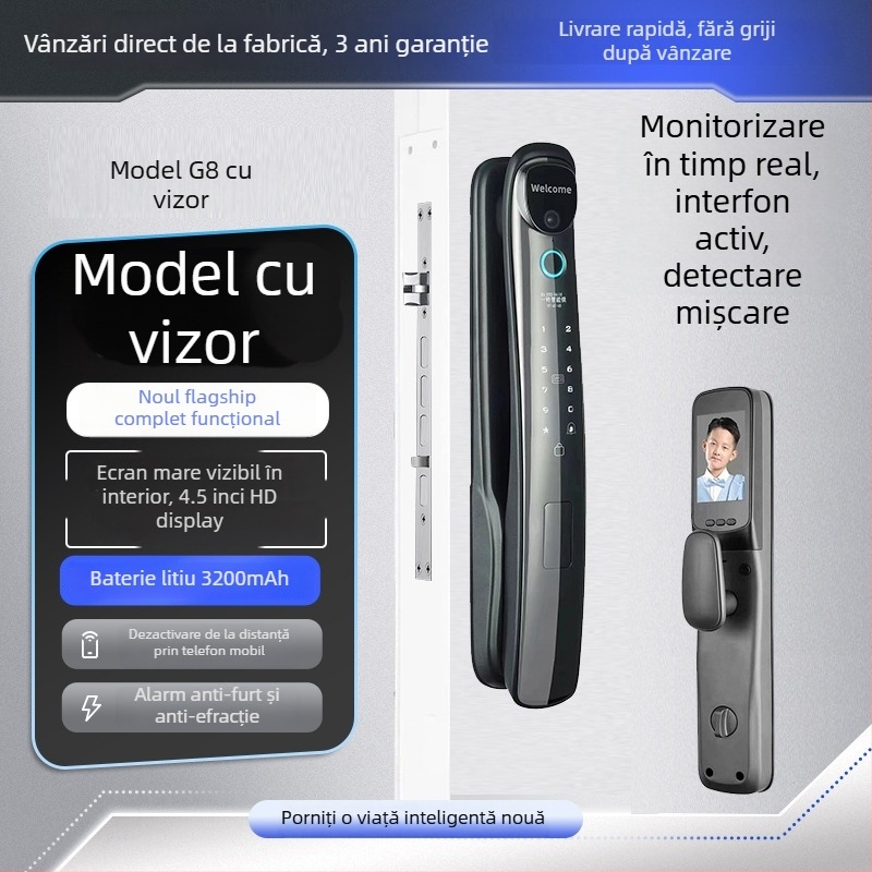 Sistem de încuietor inteligent cu amprentă și recunoaștere facială 3D, model C10, capacitate de stocare a amprentelor 100, deblocări >200k, timp de scanare 0.01s