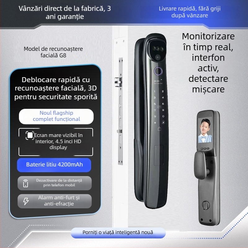 Sistem de încuietor inteligent cu amprentă și recunoaștere facială 3D, model C10, capacitate de stocare a amprentelor 100, deblocări >200k, timp de scanare 0.01s