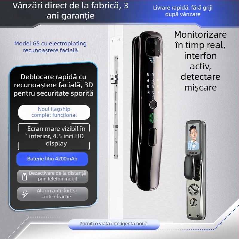Sistem de încuietor inteligent cu amprentă și recunoaștere facială 3D, model C10, capacitate de stocare a amprentelor 100, deblocări >200k, timp de scanare 0.01s