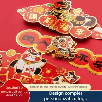 Autocolant de ușă din hârtie, 3D cu caracter norocos, Anul Calului, stil chinezesc, imprimare, decor pentru ușă de Anul Nou