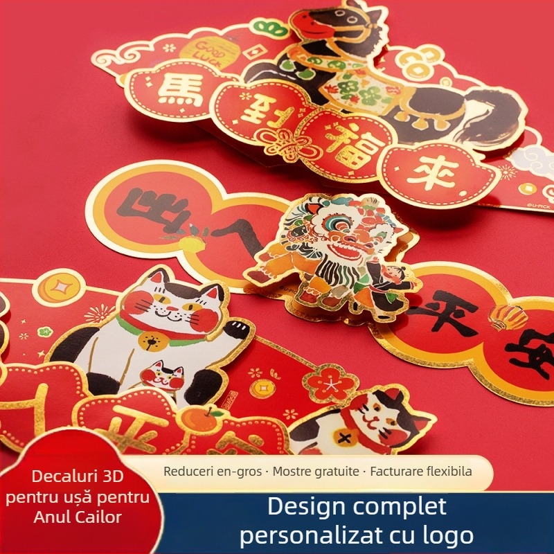Autocolant de ușă din hârtie, 3D cu caracter norocos, Anul Calului, stil chinezesc, imprimare, decor pentru ușă de Anul Nou