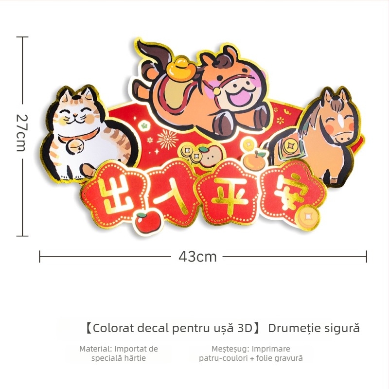 Autocolant de ușă din hârtie, 3D cu caracter norocos, Anul Calului, stil chinezesc, imprimare, decor pentru ușă de Anul Nou
