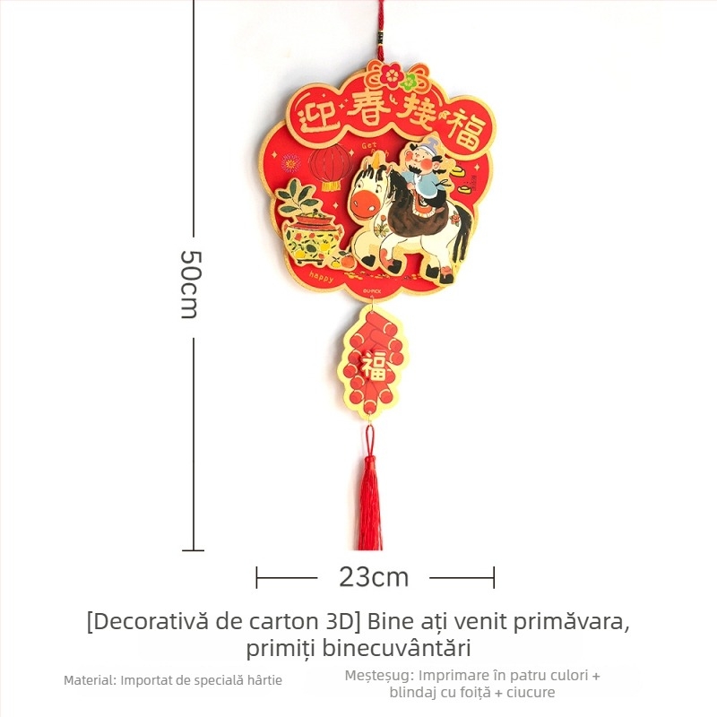 Autocolant de ușă din hârtie, 3D cu caracter norocos, Anul Calului, stil chinezesc, imprimare, decor pentru ușă de Anul Nou