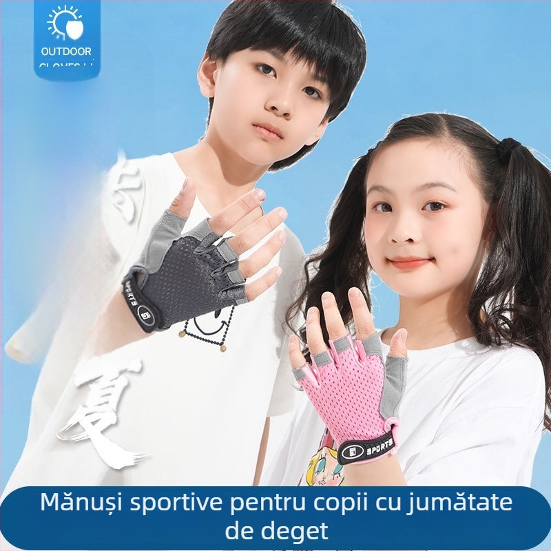 Mănuși de bicicletă cu anti-derapaj, degete pe jumătate, material plasă tip fluture, pentru 5–12 ani, vară