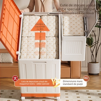 Cutie de depozitare pentru haine cu capacitate mare, capac rabatabil extra-larg din PP, 200–250 L, pliabilă cu role, pentru haine și pături