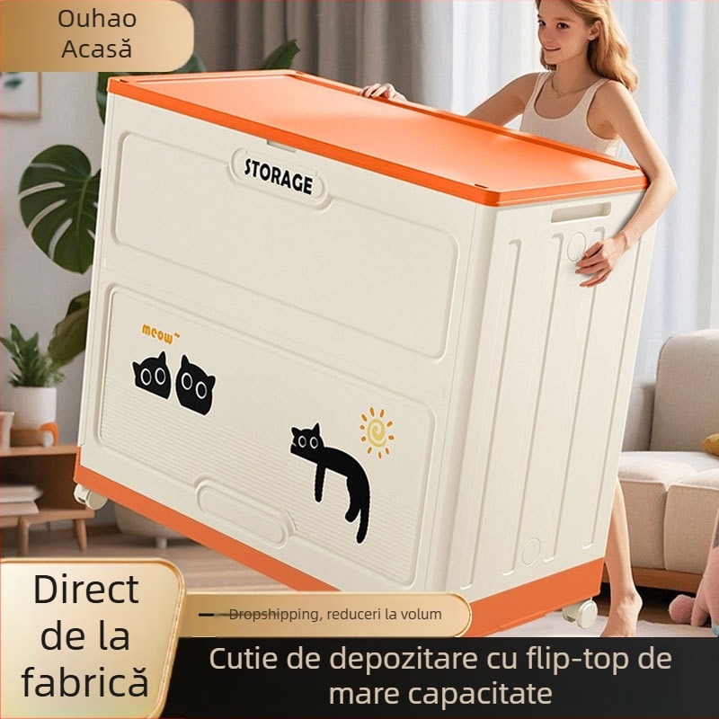 Cutie de depozitare pentru haine cu capacitate mare, capac rabatabil extra-larg din PP, 200–250 L, pliabilă cu role, pentru haine și pături