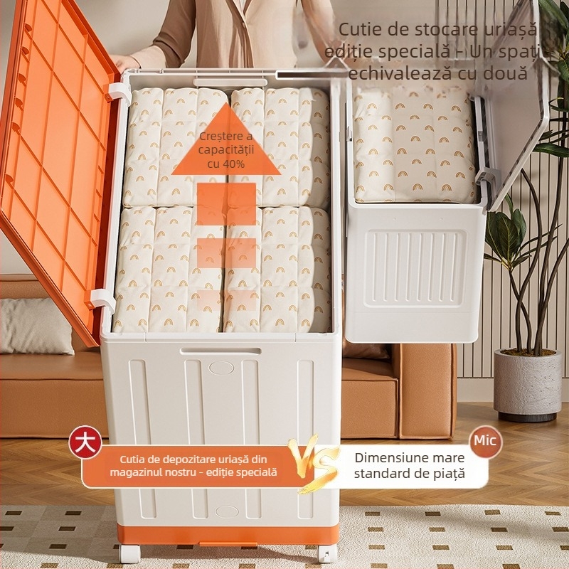 Cutie de depozitare pentru haine cu capacitate mare, capac rabatabil extra-larg din PP, 200–250 L, pliabilă cu role, pentru haine și pături