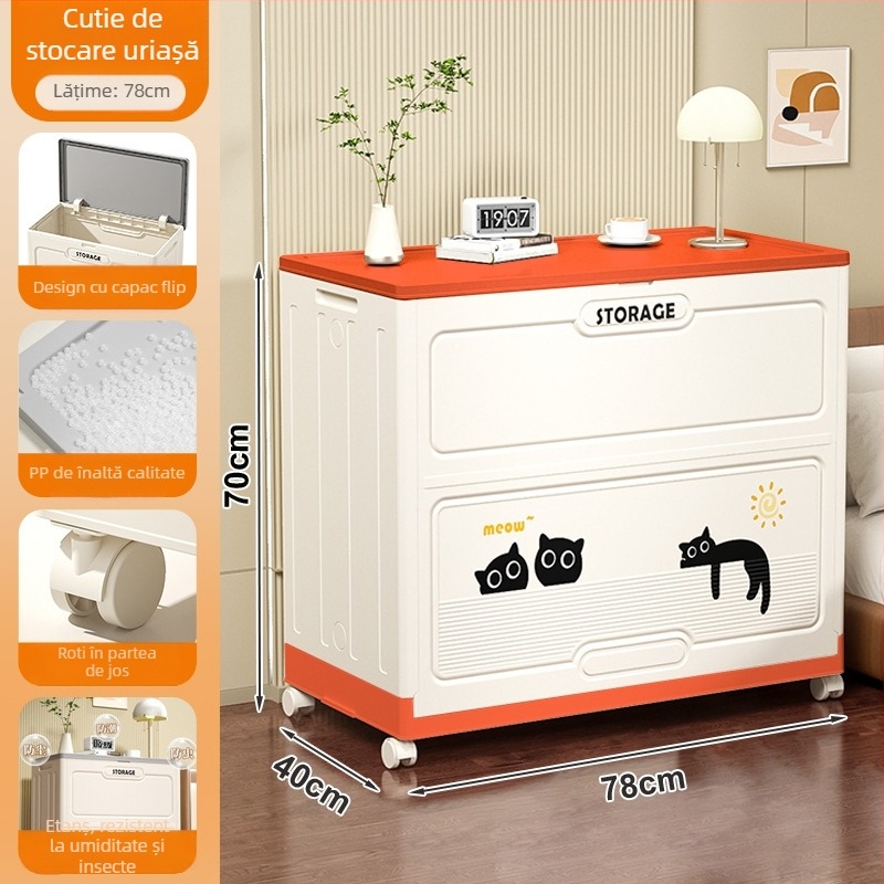 Cutie de depozitare pentru haine cu capacitate mare, capac rabatabil extra-larg din PP, 200–250 L, pliabilă cu role, pentru haine și pături