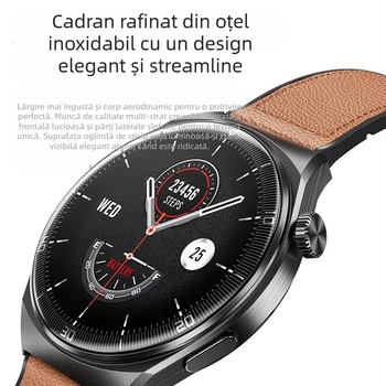 Ceas inteligent cu curea din piele naturală, ecran AMOLED, monitorizarea oxigenului din sânge, ritm cardiac și tensiune arterială