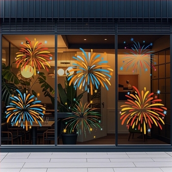 Sticker electrostatic pentru fereastră — decor festiv cu artificii, PVC material, adeziv electrostatic, model festiv, stil modern minimalist, potrivit pentru living, dormitor, spații comerciale