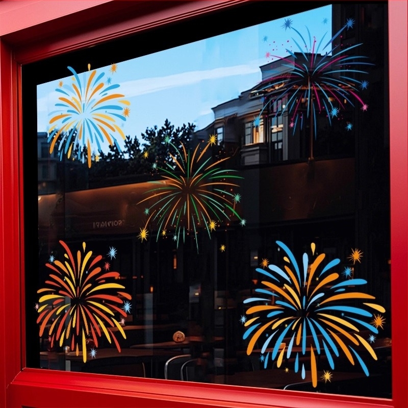 Sticker electrostatic pentru fereastră — decor festiv cu artificii, PVC material, adeziv electrostatic, model festiv, stil modern minimalist, potrivit pentru living, dormitor, spații comerciale