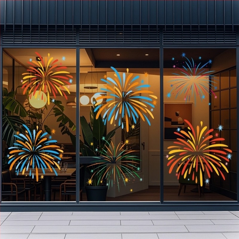Sticker electrostatic pentru fereastră — decor festiv cu artificii, PVC material, adeziv electrostatic, model festiv, stil modern minimalist, potrivit pentru living, dormitor, spații comerciale