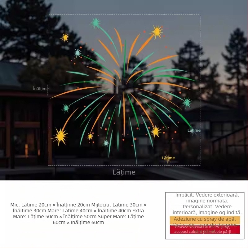 Sticker electrostatic pentru fereastră — decor festiv cu artificii, PVC material, adeziv electrostatic, model festiv, stil modern minimalist, potrivit pentru living, dormitor, spații comerciale