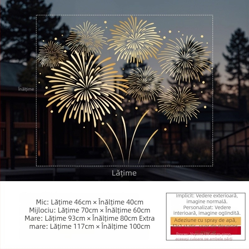 Sticker electrostatic pentru fereastră — decor festiv cu artificii, PVC material, adeziv electrostatic, model festiv, stil modern minimalist, potrivit pentru living, dormitor, spații comerciale